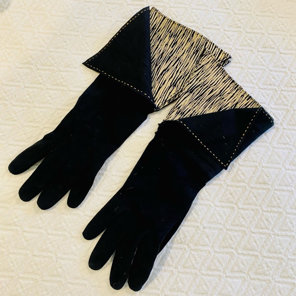 EUC Paloma Picasso Suede Gold Black Gauntlet gloves Sz 7 - Picture 1 of 4